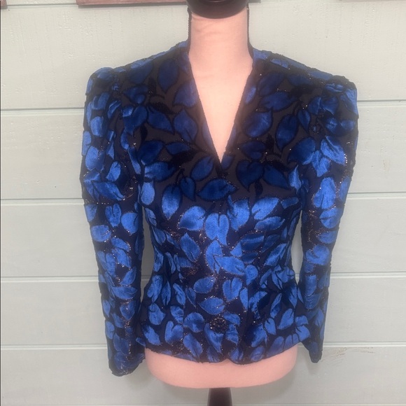 Karen Lawerence by Mathew Jackets & Blazers - Vintage 80s Karen Lawrence by Matthew Blue Black Brocade Puff Sleeve Evening